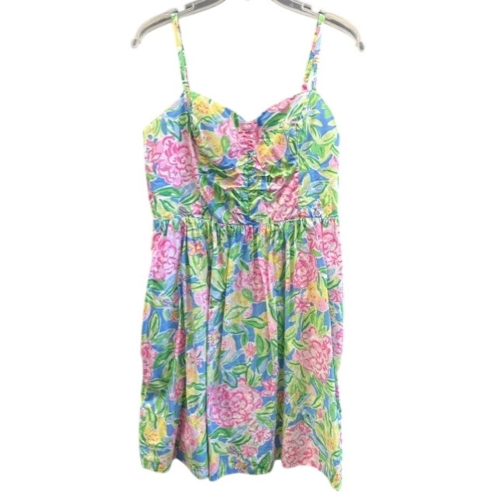 Lilly Pulitzer Women Pink Green Floral Ruched Smocked Back Cotton Sundress 10
